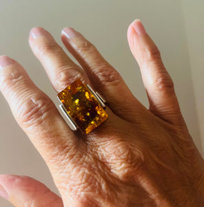 The Connector - Sterling Silver Rectangular Amber Ring